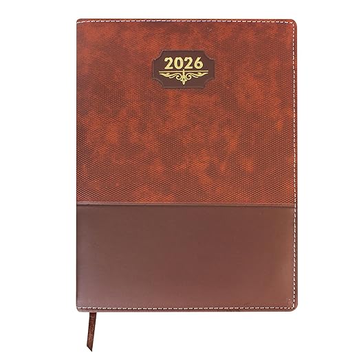 Premium Executive 2026 Daily Planner, Brown Textured Leather, 25x18cm, Professional Diary with Ribbon Bookmark, Calendar and Holiday List | New Year 2026 Diary