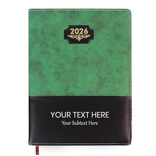 Customized 2026 Diary With Name or Text | New Year Diary 2026 with with Dates, 80 GSM Pages PU Leather Finish Hard Bound B5 Size Notebook Diary - 2026 | New Year 2026 | Green_Black