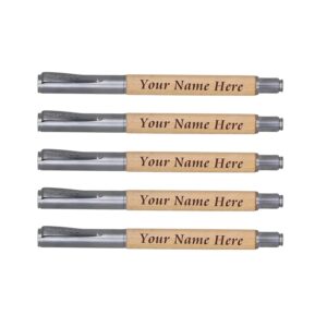 Wooden Personalised Pens with Metal Cap, Customisable Name or Logo Engraving, Pack of 5