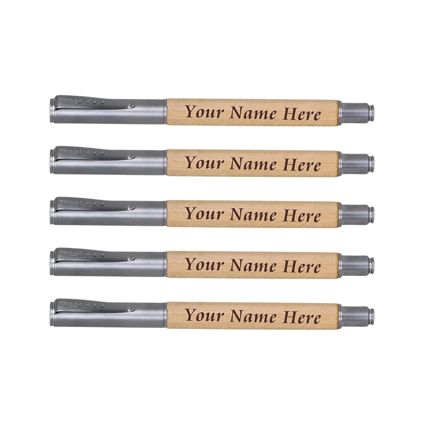 Wooden Personalised Pens with Metal Cap, Customisable Name or Logo Engraving, Pack of 5
